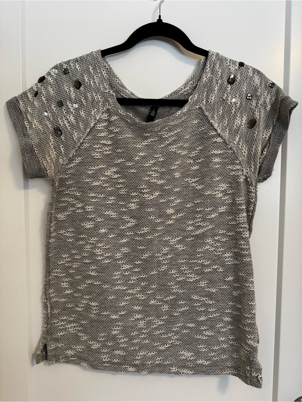 Jessica Simpson Speckled Knit Top with Sequin Shoulder Detail - Gray